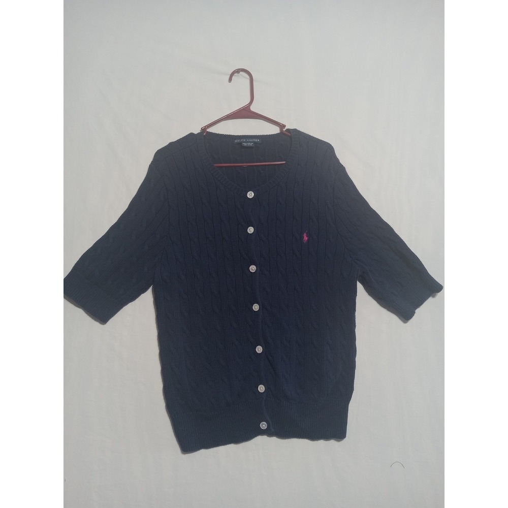 Ralph Lauren Cable Knit Sweater Womens Navy Blue Pink Pony Hong Kong 80s Vtg LG